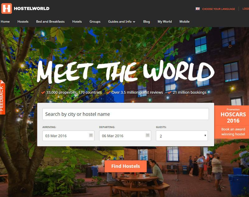 Hostelworld.com homepage